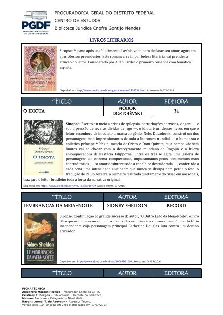 Catálogo Literário - Biblioteca Jurídica Onofre Gontijo Mendes - PGDF
