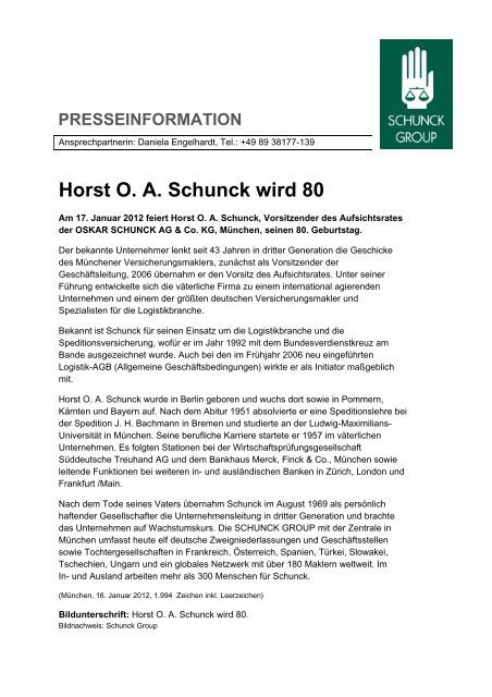 Horst O. A. Schunck wird 80 - Schunck Group