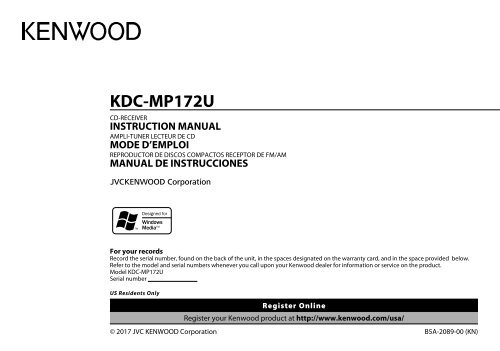 Kenwood KDC-MP172U - Car Electronics English,French,Spanish (Instruction Manual) America (2017)