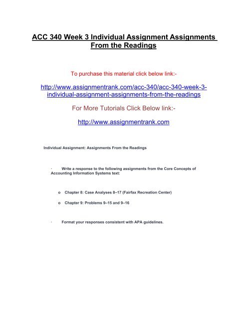 ACC 340 Week 3 Individual Assignment Assignments From the Readings