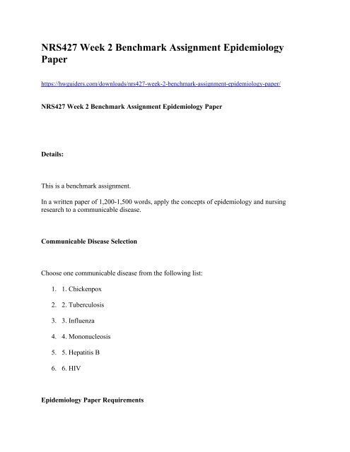 NRS 427 Week 2 Benchmark Assignment Epidemiology Paper