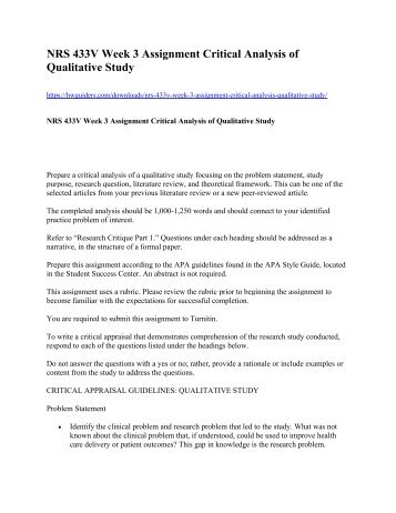NRS 433V Week 3 Assignment Critical Analysis of Qualitative Study