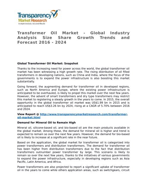 Transformer Oil Market - Global Industry Analysis Size Share Growth Trends and Forecast 2016 - 2024