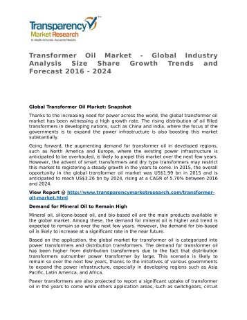Transformer Oil Market 2016 Trends, Research, Analysis and Review Forecast 2024