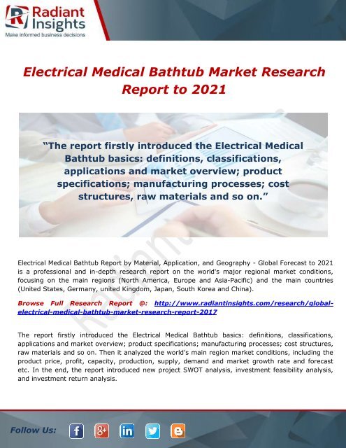 Electrical Medical Bathtub Market Trends, Overview & Forecast to 2021- by Radiant Insights,Inc