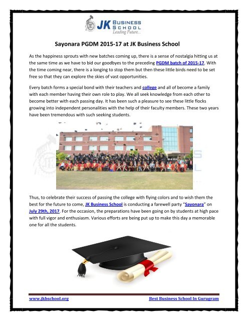 Sayonara PGDM 2015-17 at JK Business School