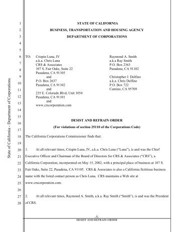 California Department of Corporations-Desist and Refrain Order