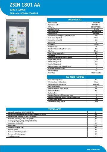 KitchenAid ZSIN 1801 AA - ZSIN 1801 AA EN (F100928) Product data sheet