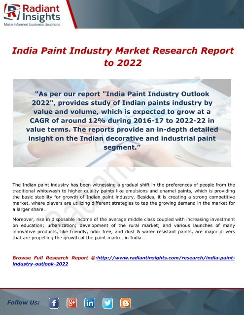 India Paint Industry Is Poised To Reach at a CAGR of 12% to 2022: Radiant Insights,Inc