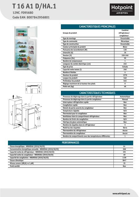 KitchenAid T 16 A1 D/HA.1 - T 16 A1 D/HA.1 FR (F095680) Product data sheet