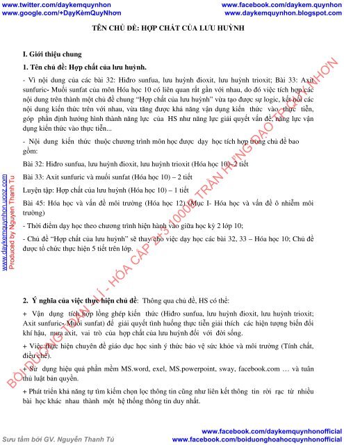 2 CHỦ ĐỀ DẠY HỌC TÍCH HỢP HỢP CHẤT CỦA LƯU HUỲNH & NITƠ VÀ HỢP CHẤT CỦA NITƠ