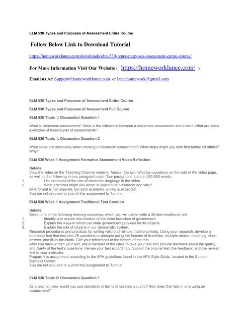 ELM 530 Types and Purposes of Assessment Entire Course