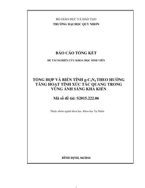 TỔNG HỢP VÀ BIẾN TÍNH g-C3N4 THEO HƯỚNG TĂNG HOẠT TÍNH XÚC TÁC QUANG TRONG VÙNG ÁNH SÁNG KHẢ KIẾN