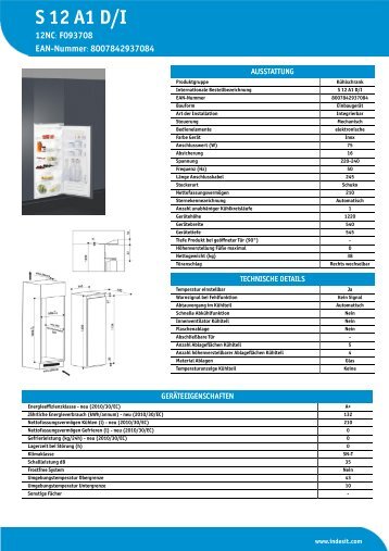 KitchenAid S 12 A1 D/I - S 12 A1 D/I DE (F093708) Product data sheet