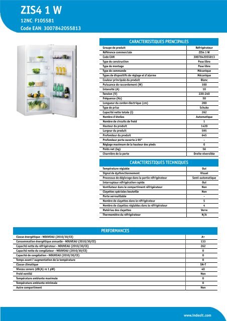 KitchenAid ZIS4 1 W - ZIS4 1 W FR (F105581) Product data sheet