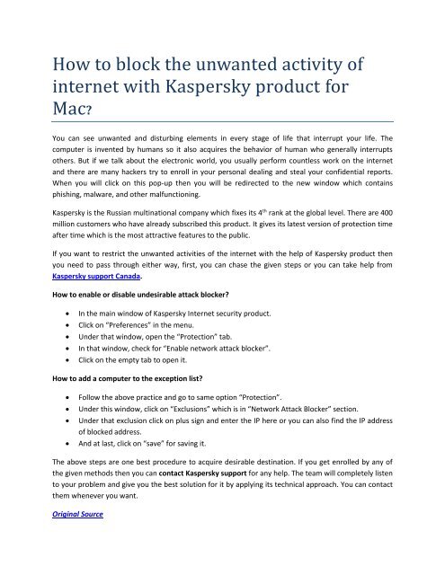 How to block the unwanted activity of internet with Kaspersky product for Mac