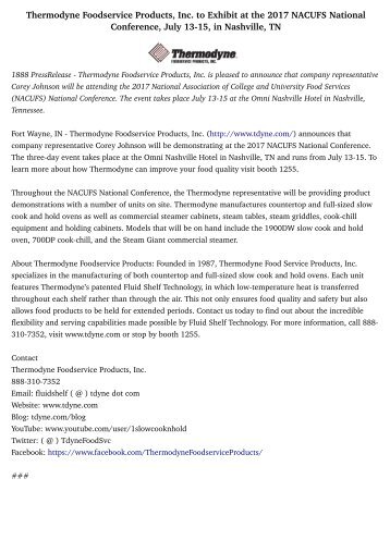 Thermodyne Foodservice Products, Inc. to Exhibit at the 2017 NACUFS National Conference, July 13-15, in Nashville, TN