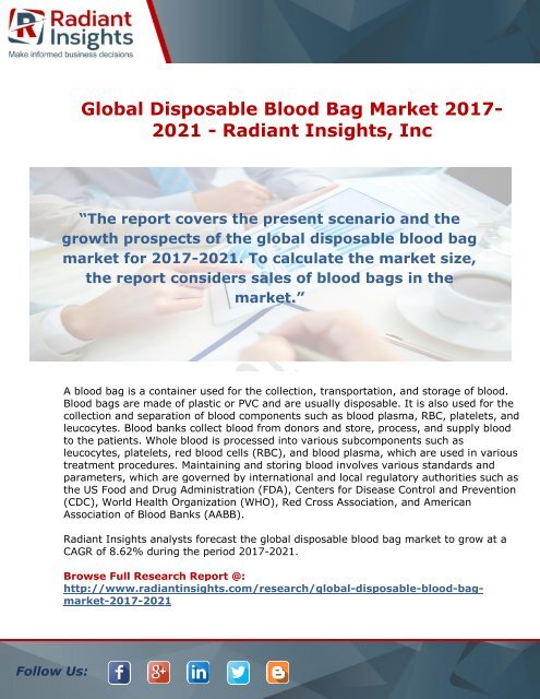 Global Disposable Blood Bag Market 2017-2021 - Radiant Insights