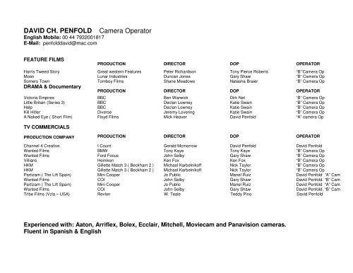 DAVID CH. PENFOLD Camera Operator - Wizzo & Co