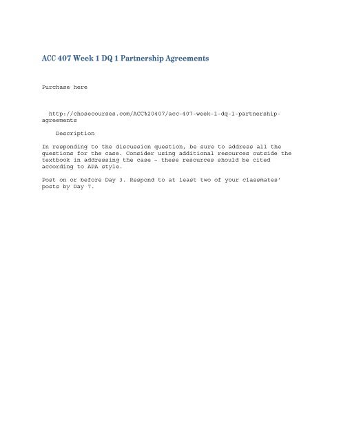ACC 407 Week 1 DQ 1 Partnership Agreements