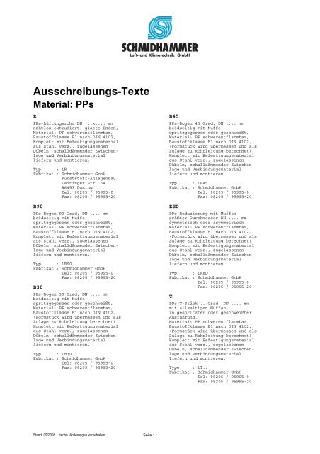 Ausschreibungs-Texte Material: PPs - Schmidhammer Kunststoffe