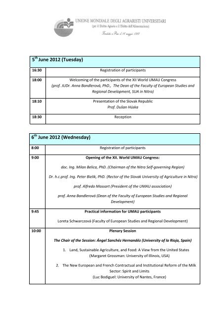 Program of the XII. World UMAU Congress