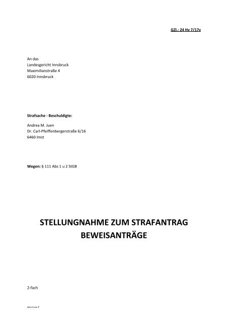 Stellungnahme zum Strafantrag