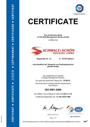 CERTIFICATE - SCHMALZ+SCHÖN Holding GmbH