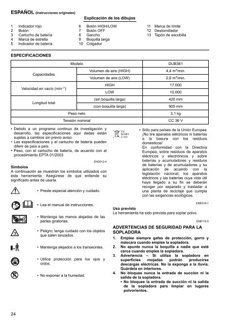 Makita Souffleur 36 V =&gt; 2 x 18 V Li-Ion - DUB361Z-P - Notice