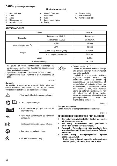 Makita Souffleur 36 V =&gt; 2 x 18 V Li-Ion - DUB361Z-P - Notice