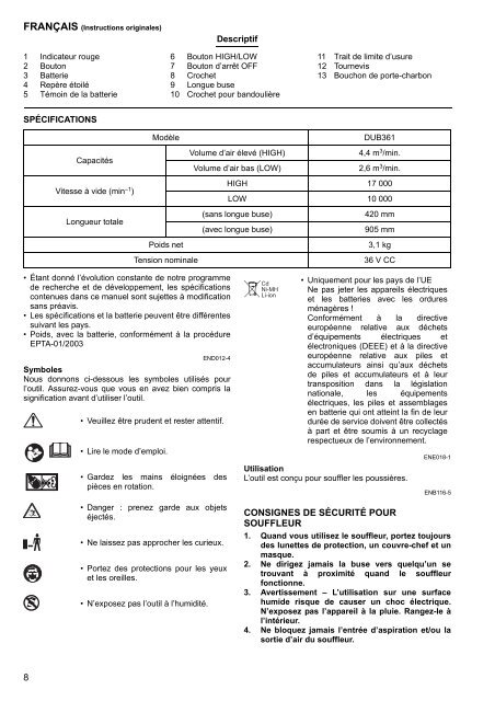 Makita Souffleur 36 V =&gt; 2 x 18 V Li-Ion - DUB361Z-P - Notice