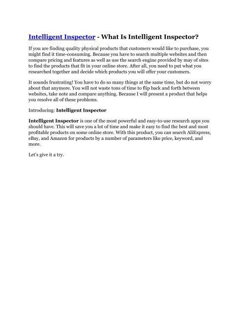 Intelligent Inspector review demo and premium bonus