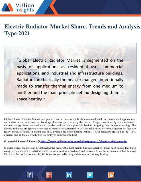 Electric Radiator Market Share, Trends and Analysis by Type 2021
