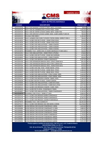 LISTA DE PRECIOS AMONIACO FEBRERO 2017