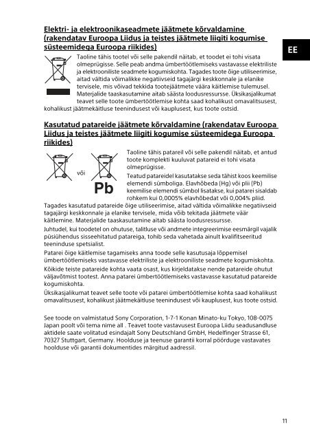 Sony SVD1121Q2E - SVD1121Q2E Documents de garantie Estonien