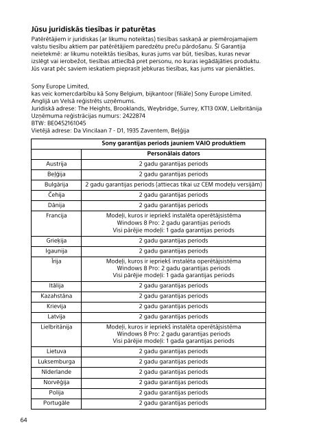 Sony SVD1121Q2E - SVD1121Q2E Documents de garantie Estonien