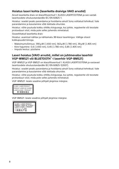 Sony SVD1121Q2E - SVD1121Q2E Documents de garantie Estonien