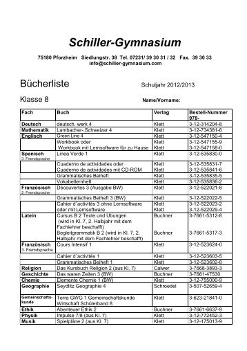 Bücherliste Kl 8 2012-2013 - Schiller-Gymnasium Pforzheim