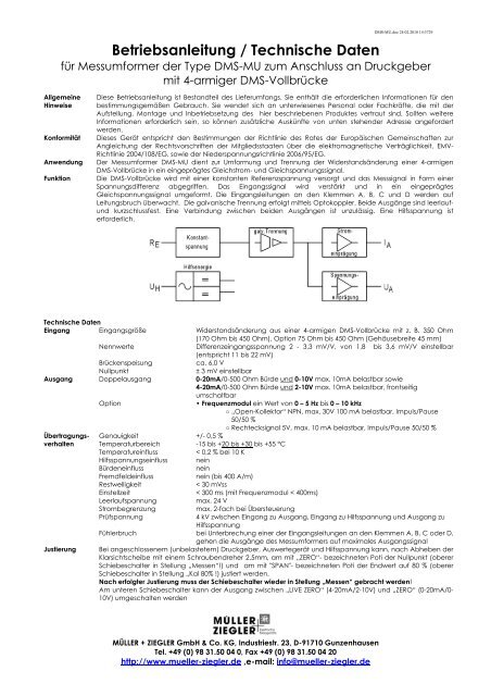 Betriebsanleitung / Technische Daten - Müller + Ziegler GmbH & Co ...