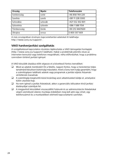 Sony SVP1121W9E - SVP1121W9E Documents de garantie Hongrois
