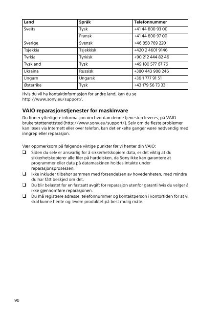Sony SVP1121W9E - SVP1121W9E Documents de garantie Norv&eacute;gien