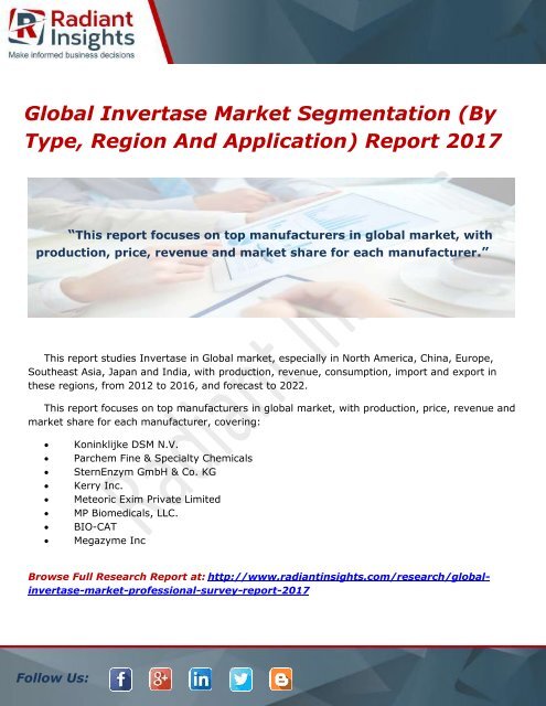 Global Invertase Market Segmentation (By Type, Region And Application) Report 2017  