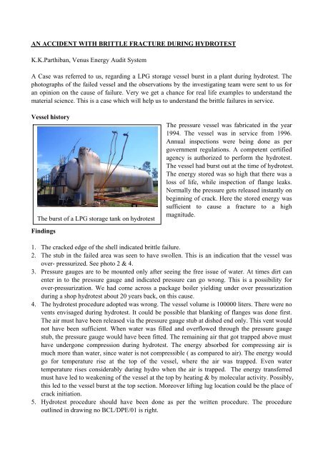 An accident with brittle fracture during hydrotest