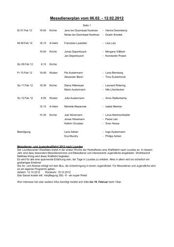 Messdienerplan vom 06.02. - 12.02.2012