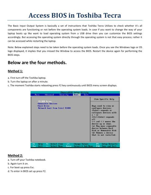 Access BIOS on a Toshiba Tecra