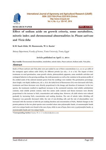 Effect of sodium azide on growth criteria, some metabolites, mitotic index and chromosomal abnormalities in Pisum sativum and Vicia faba