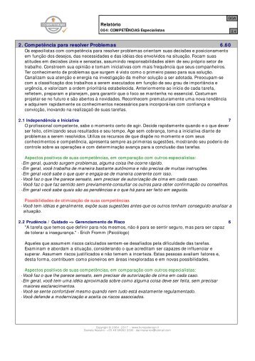 Relatório de COMPETÊNCIAS para Especialistas de Análise de Potencial (exceto de Competência para resolver problemas)