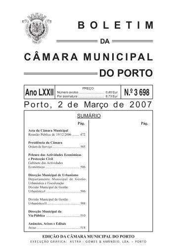 BOLETIM CÂMARA MUNICIPAL DO PORTO DA Ano LXXII N.º 3 698