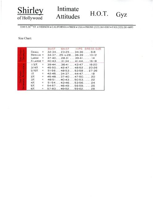 Shirley Of Hollywood Size Chart