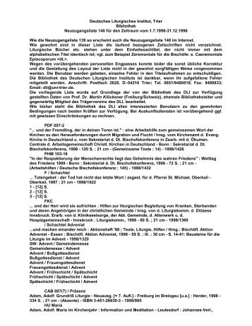 Neuzugangsliste 2. Halbj. 1998 - Deutsches Liturgisches Institut